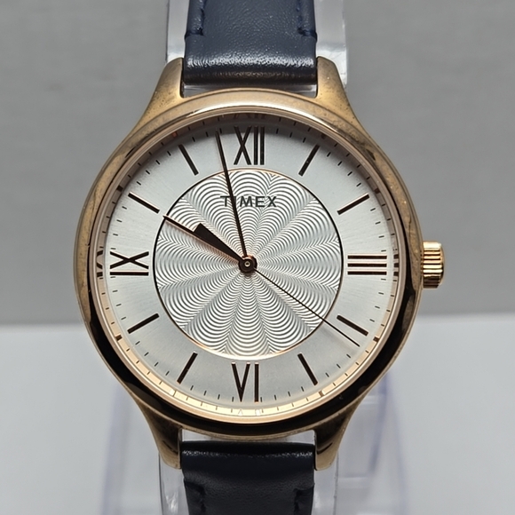 Womens Timex Peyton 36mm Rose Gold Tone Watch Navy Leather Strap New Battery - Picture 1 of 15